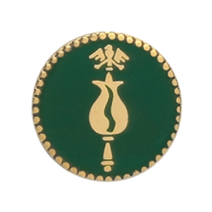 Auflage Zepter, rundes Pfänderabzeichen in Gold mit grünem Hintergrund Runde Auflage Zepter für Schützen, goldenes Zeptermotiv auf grünem Hintergrund mit goldfarbenem Rand