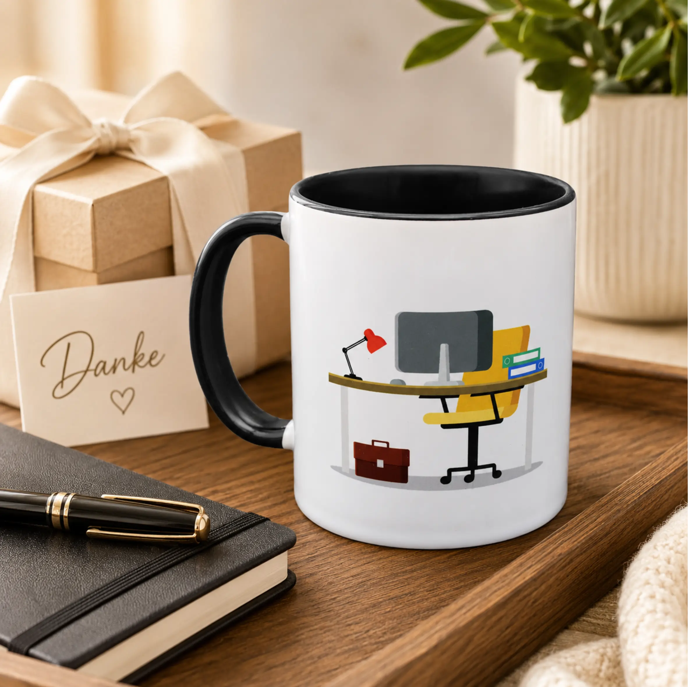 Tasse 100% bei der Arbeit mit schwarzem Henkel und Büro-Motiv Weiße Tasse 100% bei der Arbeit mit schwarzem Henkel und schwarzem Innenrand, bedruckt mit einer Illustration aus Schreibtisch, Monitor, Lampe, Stuhl, Aktenordnern und Aktentasche.