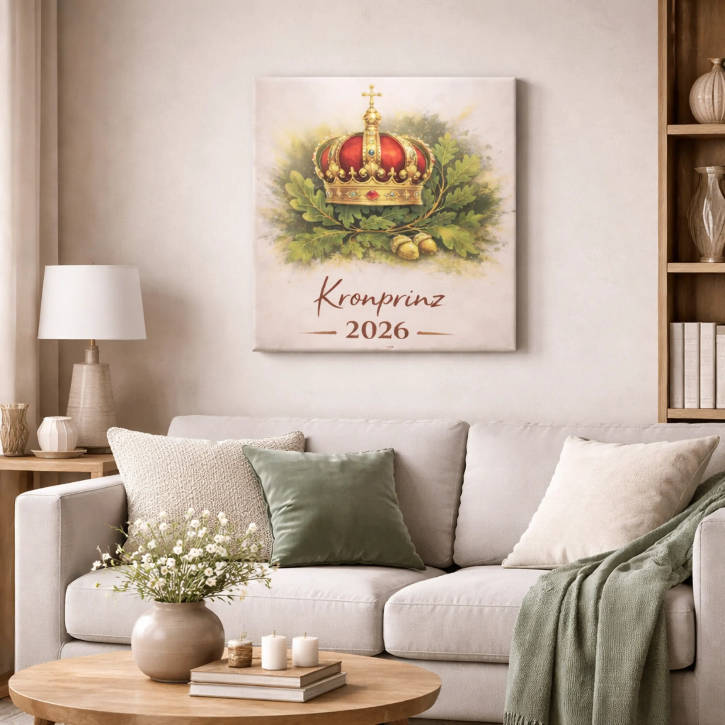 Leinwand Kronprinz personalisierbar mit Krone und Jahreszahl Personalisierbare Kronprinz Leinwand mit roter goldener Krone auf Eichenlaub, Schriftzug „Kronprinz“ und Jahreszahl 2026 auf quadratischem Canvas.