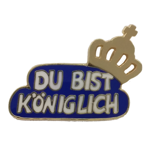 Königliches Abzeichen Hofstaatsbox B mit Krone und Schriftzug Königliches Abzeichen der Hofstaatsbox B in Blau und Gold mit Krone und dem Schriftzug „Du bist königlich“