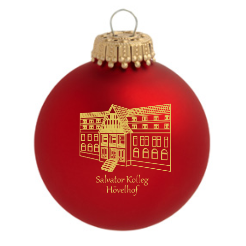 Hövelhof Salvator Kolleg Weihnachtskugel mit Gebäude-Motiv Rote Weihnachtskugel aus Glas mit goldfarbenem Aufhänger und gelbem Motiv des Salvator Kolleg Hövelhof auf der Vorderseite.
