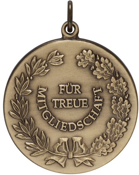 Medaille 40 mm „Für treue Mitgliedschaft“ mit Eichenlaub und Öse Runde Medaille 40 mm mit Öse, Eichenlaub- und Blätterkranz sowie der Aufschrift „Für treue Mitgliedschaft“ in bronzefarbener Optik, Rückseite gravierbar