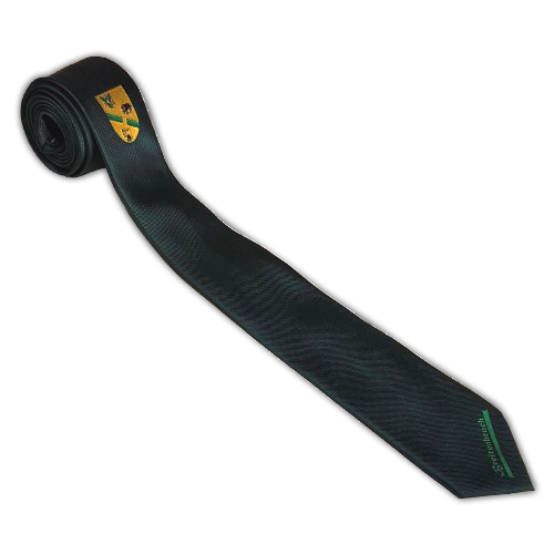 Polyester-Rips-Krawatte mit individuellem Motiv in Dunkelgrün Dunkelgrüne Polyester-Rips-Krawatte mit eingewebtem individuellem Motiv, kleinem Wappen im oberen Bereich und grünem Schriftzug an der Spitze.