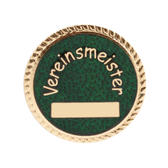Abzeichen vergoldet ohne Befestigung Vereinsmeister mit grünem Hintergrund Runde vergoldete Auflage ohne Befestigung mit Schriftzug „Vereinsmeister“ auf grünem Hintergrund und hellem Gravurfeld im unteren Bereich.