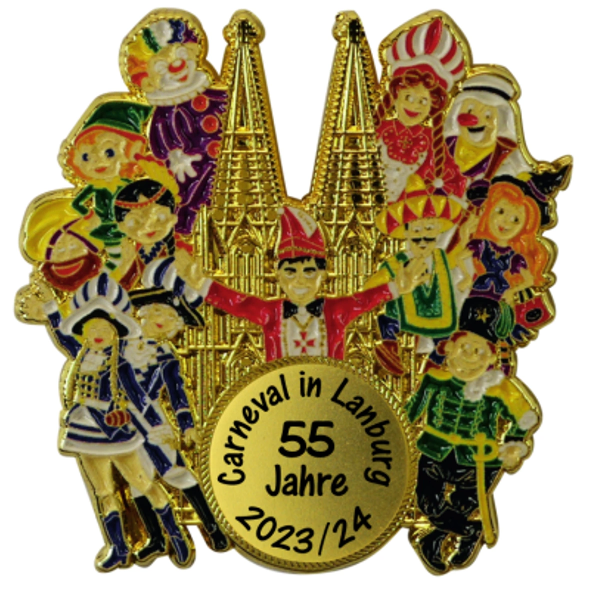 Karnevalspin mit zwei Türmen, bunten Karnevalsfiguren und Jubiläumsdruck Goldfarben umrandeter Karnevalspin mit zwei Turmspitzen und bunten Karnevalsfiguren. Das runde, goldfarbene Druckfeld im unteren Bereich trägt eine schwarze Jubiläumsbeschriftung mit „55 Jahre“ und „2023/24“., Karnevalsorden, Anstecknadel, Emaille, goldfa