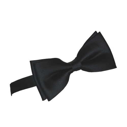 Fliege schwarz mit glattem Steg und Gummiband Schwarze Fliege in stumpfer Form mit glattem Steg und sichtbarem Gummiband, einfarbig und mit glatter Oberfläche