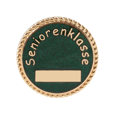 Abzeichen bronze mit langer Nadel Seniorenklasse, rund mit grünem Hintergrund Rundes Vereinsabzeichen Seniorenklasse in Bronzeoptik mit grünem Hintergrund, Schriftzug „Seniorenklasse“ und rechteckigem Gravurfeld