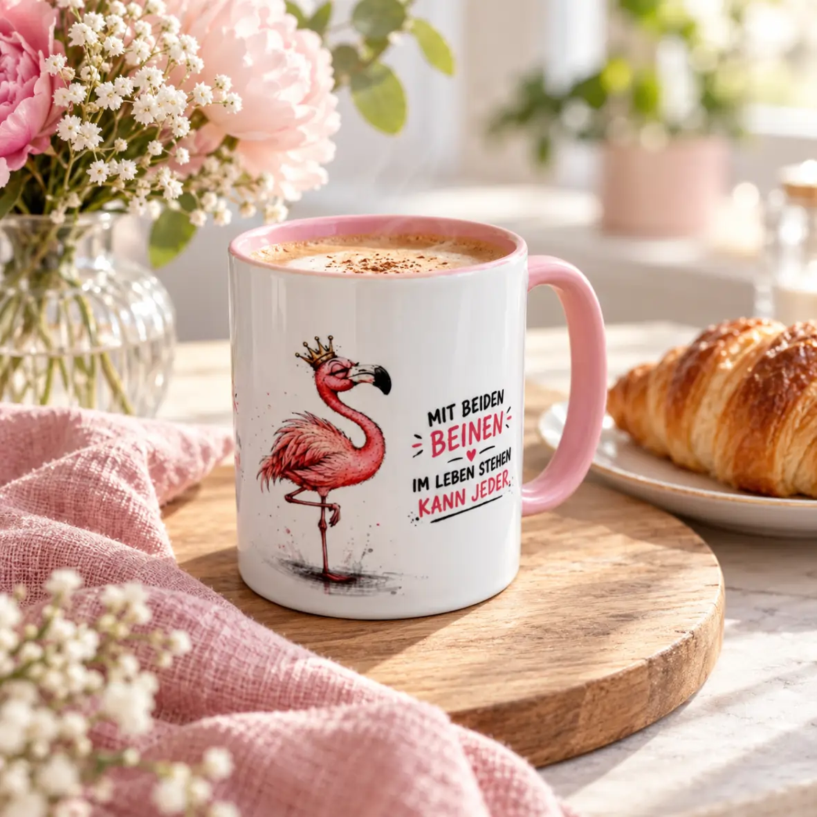 Tasse mit beiden Beinen im Leben stehen kann jeder Kaffeetasse, Flamingo, Keramiktasse, rosa Griff, Bein-Motiv