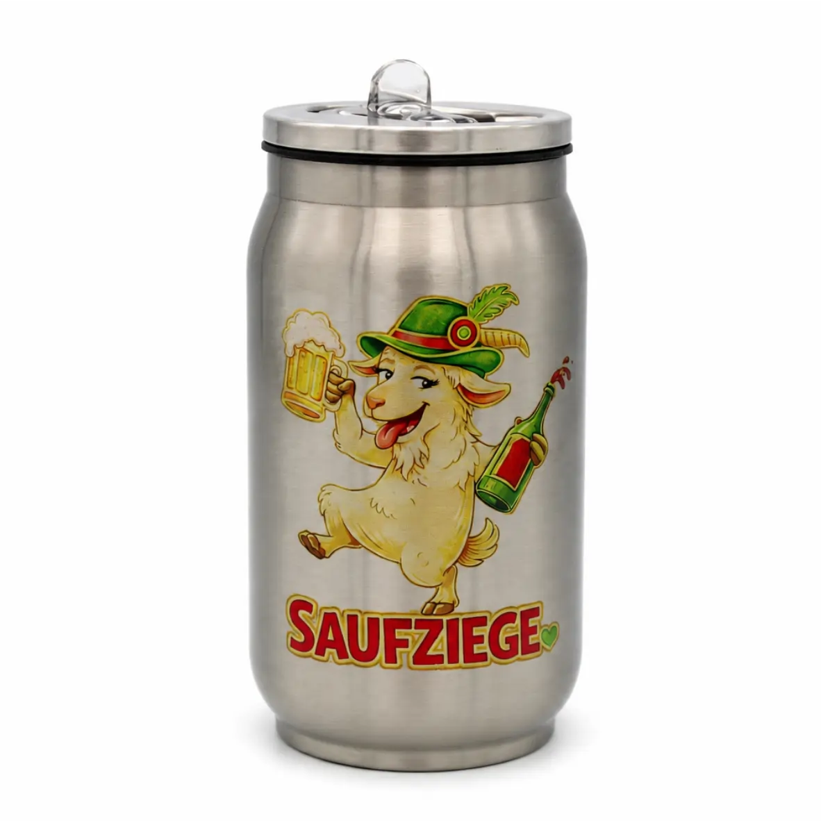 Metallkanne, Trinkflasche, Aluminium, Humpen-Look, Saufziege-Design