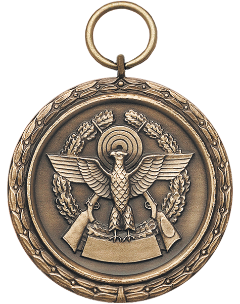 Medaille 40 mm mit Schützenadler, Zielscheibe und Gravurfeld Runde Medaille 40 mm in bronzefarbener Optik mit Aufhängeöse, Eichenlaubrand, Schützenadler vor Zielscheibe, seitlichen Gewehren und Gravurfeld im unteren Bereich.