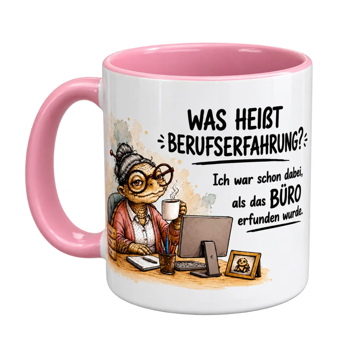 Kaffeebecher, Rosa Henkel, Illustration, Büro-Motiv, Schreibtisch