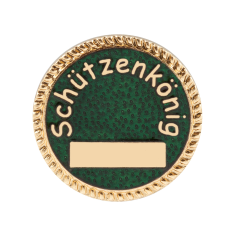 Abzeichen vergoldet ohne Befestigung Schützenkönig Rundes vergoldetes Abzeichen ohne Befestigung mit grünem Hintergrund, Schriftzug „Schützenkönig“ und rechteckigem Gravurfeld in der Mitte