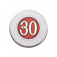 Auflage versilbert mit rotem Hintergrund und Zahl 30 Runde versilberte Jubiläumsauflage für Orden mit weißem Rand, rotem Hintergrund und der Zahl 30 in der Mitte.