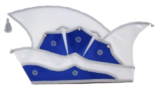 Prinzenmütze mit zehn Strassmotiven in Weiß und Blau Prinzenmütze mit geschwungener Form in Weiß und Blau, silberfarbener Zierborte, Quaste, acht Glöckchen und zehn runden Strassmotiven.