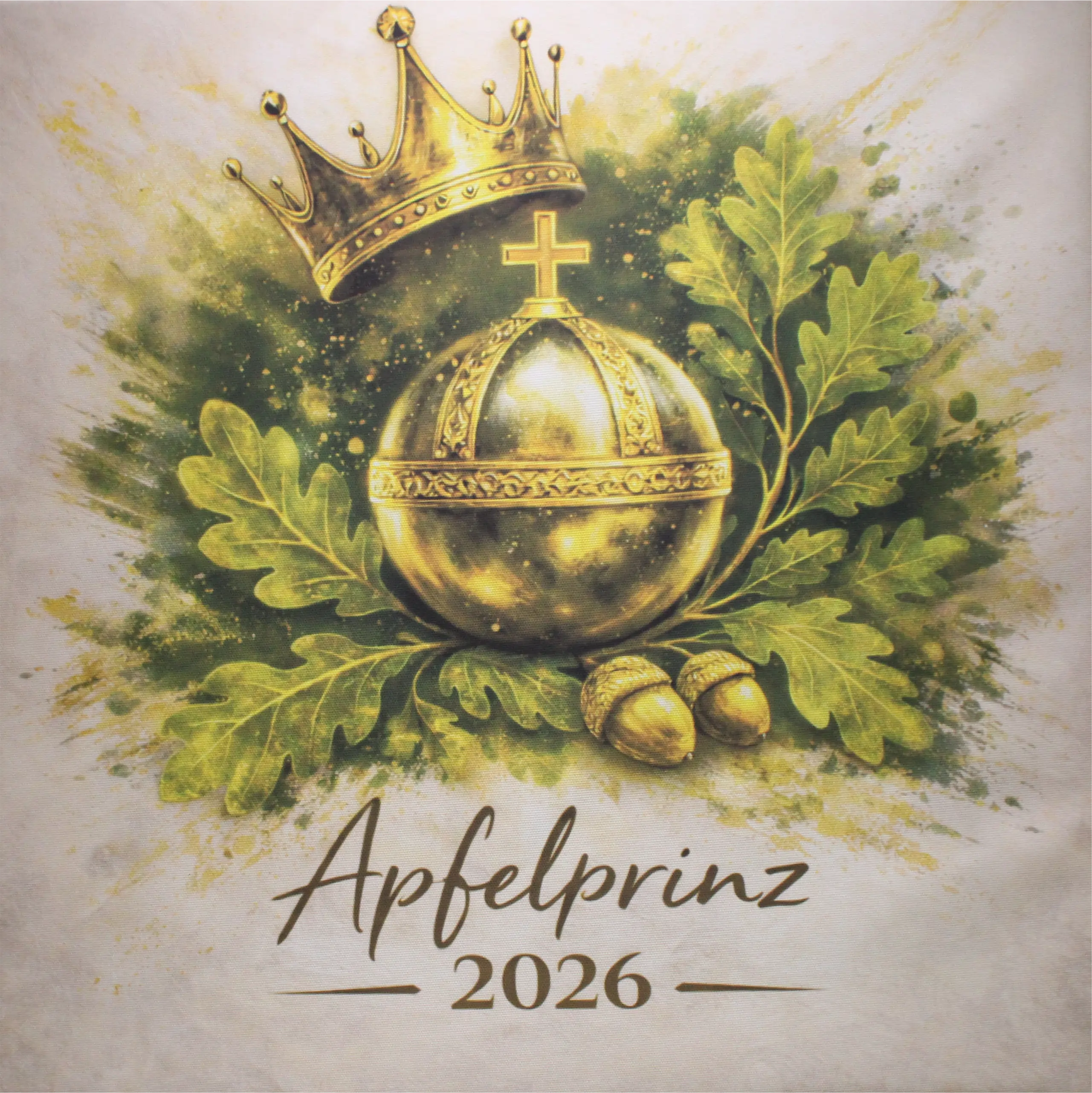 Leinwand Apfelprinz mit Reichsapfel, Krone und Jahreszahl 2026 Personalisierbare Apfelprinz Leinwand mit goldenem Reichsapfel, schwebender Krone, grünem Eichenlaub und Eicheln sowie dem Schriftzug Apfelprinz und der Jahreszahl 2026.