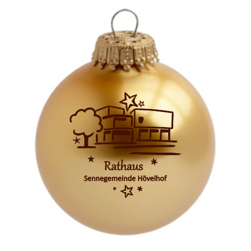 Hövelhof Rathaus Weihnachtskugel mit Rathausmotiv der Sennegemeinde Hövelhof Goldfarbene Weihnachtskugel aus Glas mit aufgedrucktem Rathausmotiv und Schriftzug „Rathaus Sennegemeinde Hövelhof“, inklusive goldfarbener Aufhängung