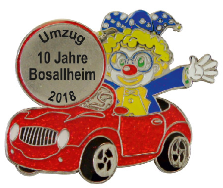Karnevalsabzeichen Silber "Clown im Auto"