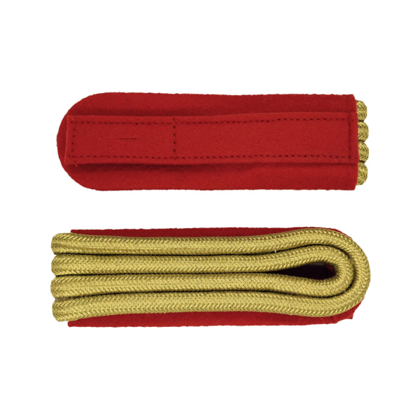 Schulterstücke Rundschnur gold mit roter Unterlage, 4-streifig Paar 4-streifige Schulterstücke aus goldfarbener Rundschnur auf roter Filzunterlage, mit sichtbarer Lasche zur Befestigung; Vorder- und Rückseite dargestellt.