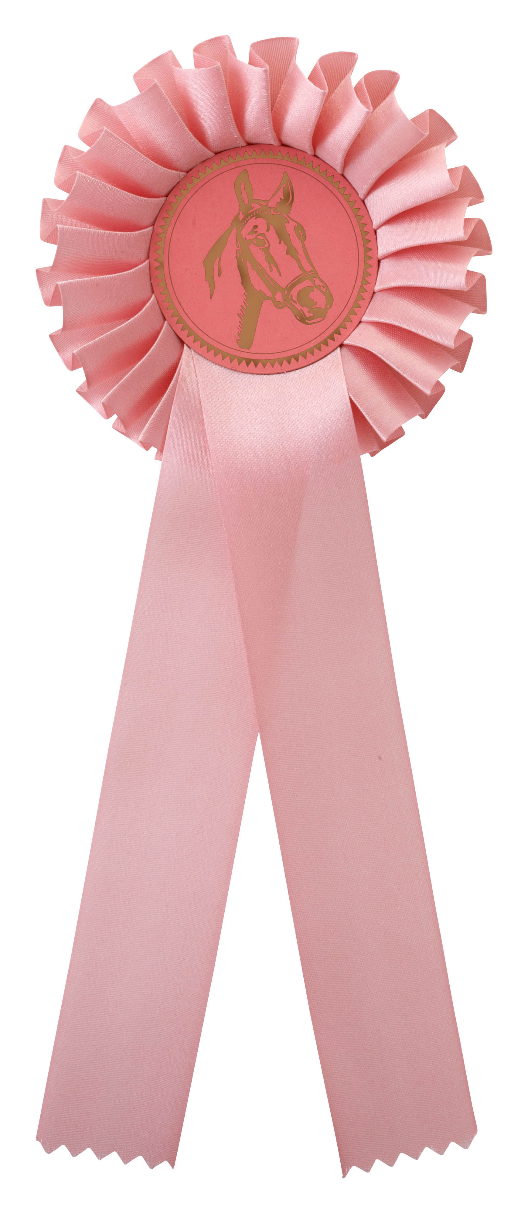 Einfache Rosette ohne Bandbedruckung in Rosa mit Pferde-Emblem Einfache Rosette in Rosa mit gefalteter Schleife, zwei langen Bändern ohne Aufdruck und rundem Mittelteil mit Pferdekopf-Emblem.
