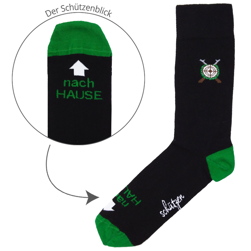 Schützenbox A – schwarze schützenSOCKS mit grünem Abschluss und Schützenmotiv Schwarze schützenSOCKS mit grüner Spitze und grünem Bund, Schützenmotiv am Schaft sowie Schriftzug an der Sohle und Hinweis auf den Schützenblick; Motiv einer Socke aus der Schützenbox A.