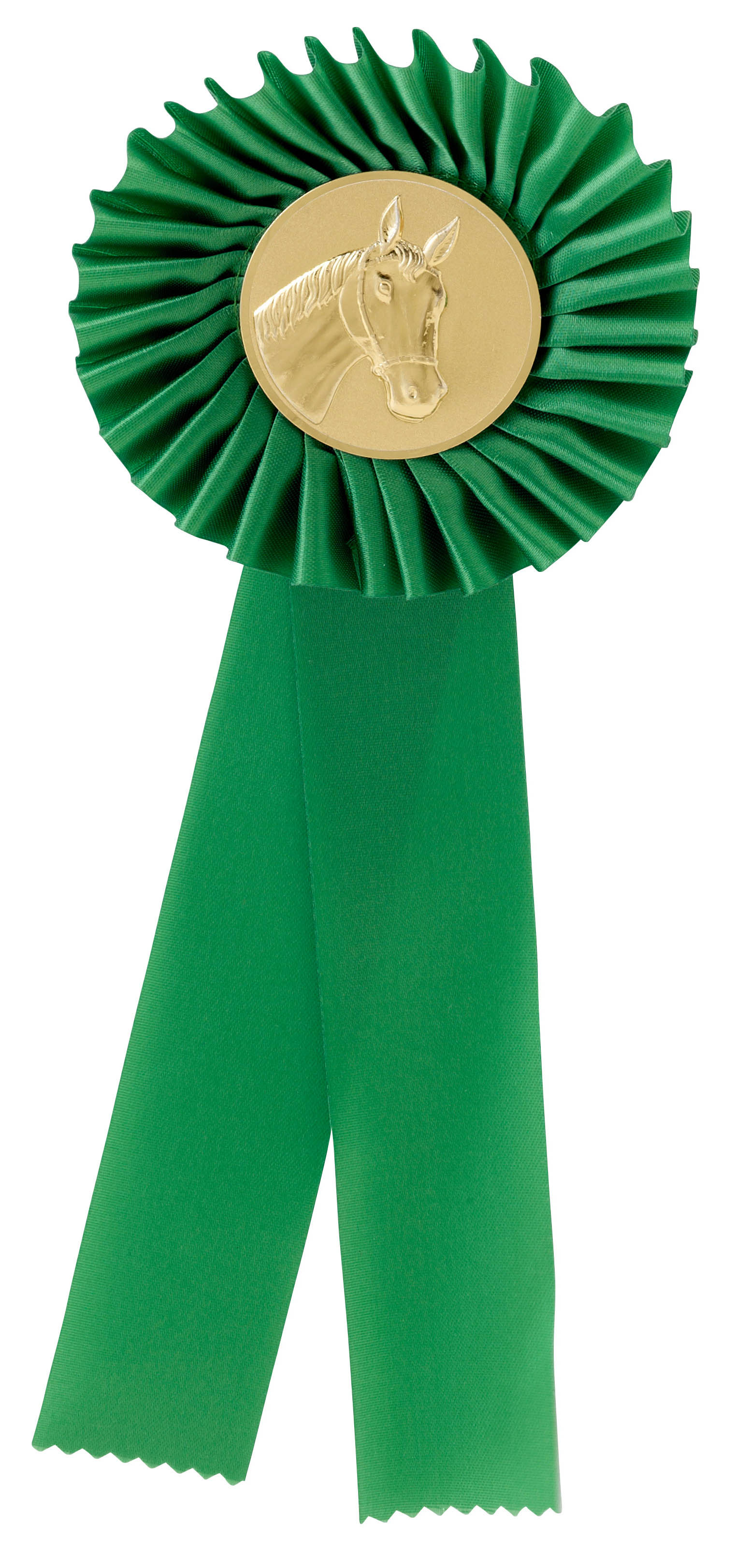 Einfache Rosette in Grün mit goldfarbenem Pferde-Emblem Grüne einfache Rosette mit gefaltetem Rundteil, zwei langen Schleifenbändern und goldfarbenem Metallemblem mit Pferdekopf im Zentrum.