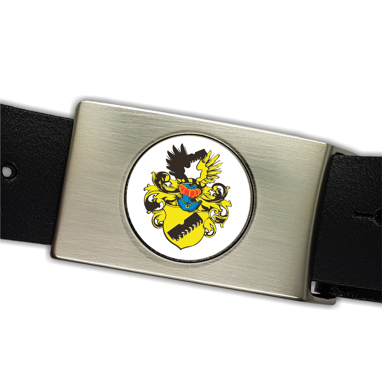 Vereinsgürtel aus schwarzem Leder mit Kastenschloss und eingesetztem Emblem Schwarzer Vereinsgürtel aus Leder mit rechteckigem silberfarbenem Kastenschloss und rund eingesetztem Emblem auf der Koppelschnalle