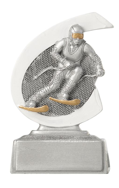 Mini-Resinpokal Skifahren mit Skifahrerfigur in Silber und Gold Mini-Resinpokal Skifahren mit silberner Skifahrerfigur, goldfarbenen Skiern und Brille auf schmalem silbernen Sockel, inklusive Gravurschild