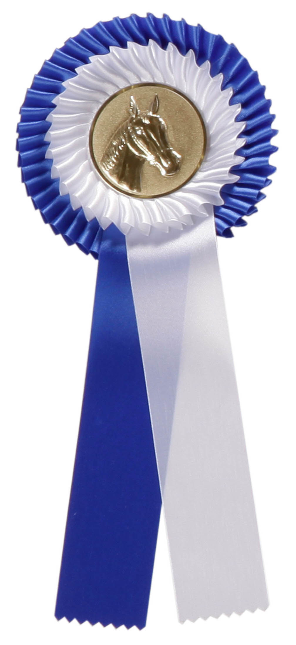 Zweifache Rosette in Blau und Weiß mit Pferde-Emblem Zweifarbige Rosette in Blau und Weiß mit zwei langen Schleifenbändern und goldfarbenem Metallemblem mit Pferdekopf in der Mitte.