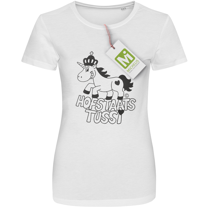 T-Shirt weiß Hofstaatstussi mit Einhorn-Motiv Weißes T-Shirt mit schwarzem Aufdruck eines Einhorns mit Krone und dem Schriftzug Hofstaats Tussi auf der Vorderseite.