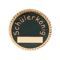 Abzeichen vergoldet ohne Befestigung Schülerkönig, rund mit grünem Hintergrund Rundes vergoldetes Abzeichen ohne Befestigung für Schützen, mit Schriftzug „Schülerkönig“ auf grünem Hintergrund und rechteckigem Gravurfeld.