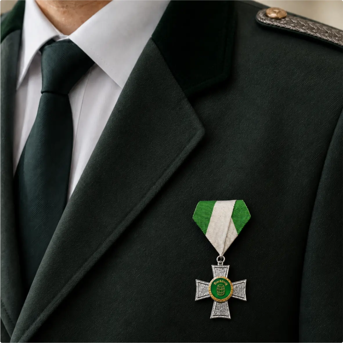 Auflage Bierkönig vergoldet Medaille, Kreuz, Grün-Weißes Band, Militärstil, Reverspin, medaille, militär, grünes band, Kreuzmedaille, verzierter Abzeichen