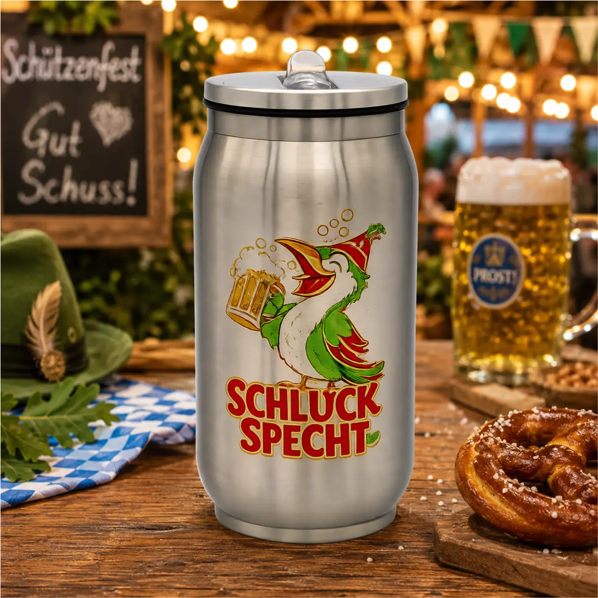Aluminiumdose, Bierdose, Lagerdose, Cartoongrafik, Deutscher Text