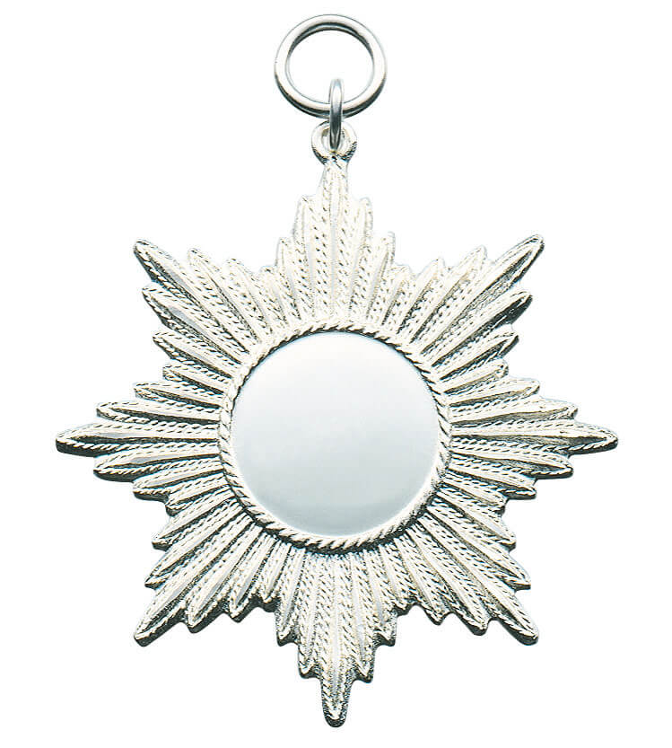 Orden Sternform mit runder Gravurfläche und Ring, versilberte Optik Schützenorden in Sternform mit vielen strahlenförmigen Spitzen, kleiner runder Gravurfläche in der Mitte und Öse mit Ring zum Befestigen, in silberfarbener beziehungsweise versilberter Optik