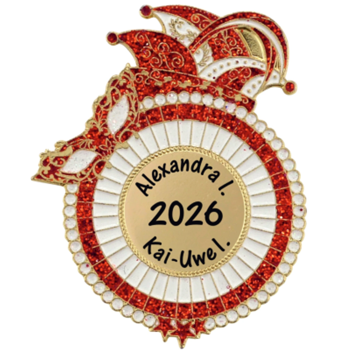 Karnevalspin Narrenkappe mit Rundrahmen Rot-Weiß – einfarbig bedruckt Karnevalsorden, Narrenkappe, Rot-gold, Glitzersteine, Personalisierter Orden