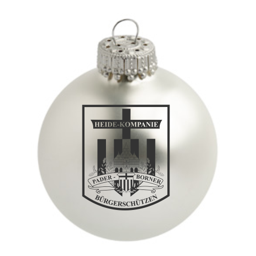 Heide-Kompanie Paderborn Weihnachtskugel mit Wappenmotiv Weiße Weihnachtskugel aus Glas mit silberner Aufhängung und schwarzem Wappenaufdruck der Heide-Kompanie Paderborn Bürgerschützen auf der Vorderseite