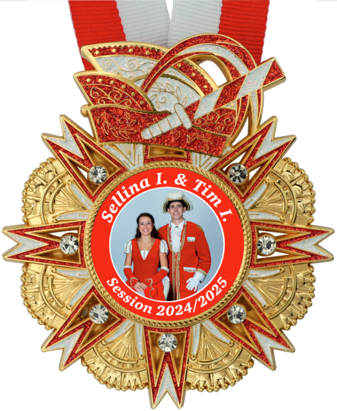 Karnevalsorden „Stern mit Narrenkappe Rot/Weiß“ mit Fotomotiv Goldfarbener Karnevalsorden mit rot-weißem Stern, glitzernder Narrenkappe, sieben klaren Schmucksteinen und rot-weißem Halsband. Mittig ein Paarfoto mit der Aufschrift „Selina I. & Tim I.“ und „Session 2024/2025“., medaille, medaille, ribbon, Décoration,