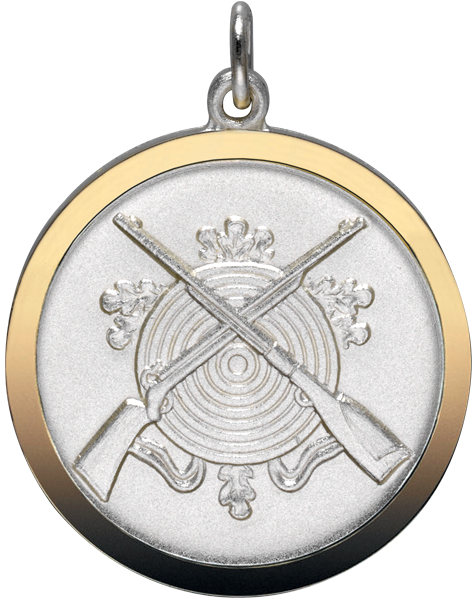 Medaille mit goldfarbig poliertem Rand 40mm mit Zielscheibe und gekreuzten Gewehren Runde Medaille mit goldfarbig poliertem Rand und silberfarbiger Fläche, mit Zielscheibe, gekreuzten Gewehren, Eichenlaub sowie Öse und Ring zur Befestigung.