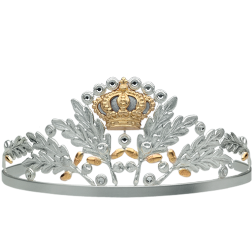 Diadem versilbert mit Eichenlaub, goldener Krone und Kristallsteinen Versilbertes Diadem mit Eichenlaub-Verzierung, goldenen Eicheln, goldener Krone in der Mitte und eingefassten Kristallsteinen entlang des Reifs und der Ornamente