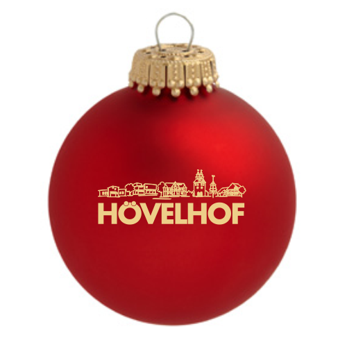Hövelhof Silhouette Weihnachtskugel in Rot mit goldfarbenem Hövelhof-Motiv Rote Weihnachtskugel mit goldfarbener Hövelhof-Silhouette und Schriftzug Hövelhof, matte Optik mit goldfarbener Aufhängung als bedruckte Weihnachtskugel.