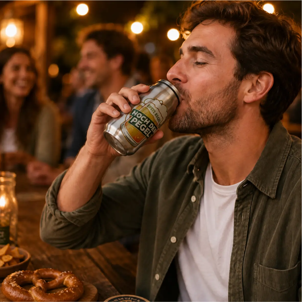Thermodose Erste Regel: Hoch der Pegel 250 ml – doppelwandiges Edelstahl-Trinkgefäß mit Trinkhalm Bier, Bierdose, Mann trinkt, Draußen essen, Breze