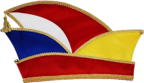 Prinzenmütze schlicht in Rot, Blau, Weiß und Gelb mit goldener Borte Schlichte mehrfarbige Prinzenmütze aus glänzendem Stoff in Rot, Blau, Weiß und Gelb, mit goldfarbener Borte und kleinen Glöckchen an den Spitzen.
