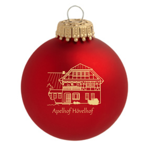 Hövelhof Apelhof Weihnachtskugel aus rotem Glas mit Apelhof-Hövelhof Motiv Rote Weihnachtskugel aus Glas mit goldfarbenem Aufdruck eines Hauses und dem Schriftzug Apelhof Hövelhof, mit goldfarbener Aufhängung.