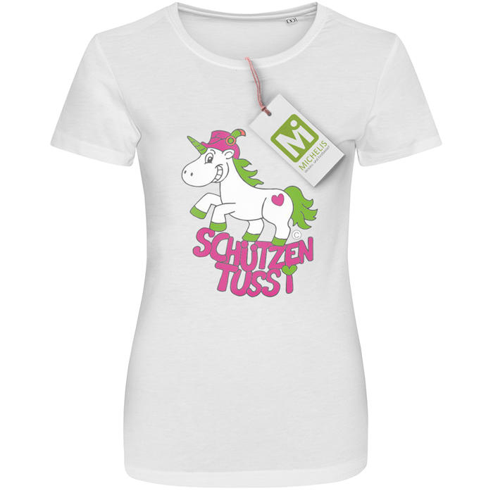 T-Shirt weiß Schützentussi mit Einhorn-Motiv Weißes T-Shirt mit buntem Aufdruck aus Einhorn und Schriftzug Schützentussi in Pink und Grün auf der Vorderseite.