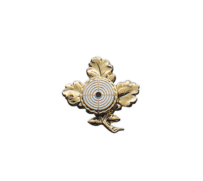 Abzeichen bronze mit Sicherheitsnadel, Zielscheibe auf Eichenlaub Abzeichen bronze mit Sicherheitsnadel mit Zielscheibe auf Eichenlaub, bronzefarbene Ausführung mit runder Zielscheibe und stilisiertem Eichenlaubmotiv