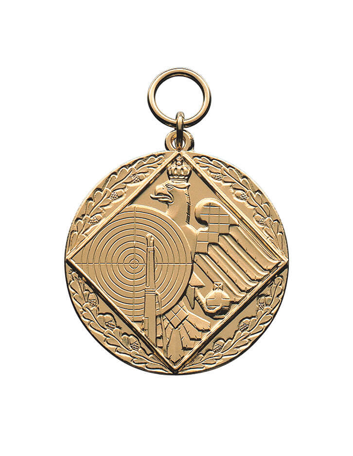 Medaille vergoldet mit Königsadler, Zielscheibe und Eichenlaub Vergoldete Schützenmedaille in runder Form mit Eichenlaubrand, Königsadler, großer Zielscheibe sowie Öse und Ring zur Befestigung
