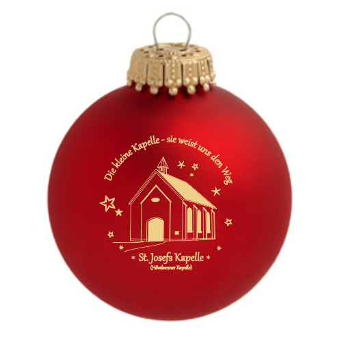 Hövelhof Senner Kapelle Weihnachtskugel mit Motiv St. Josefs Kapelle Rote Weihnachtskugel aus Glas mit goldfarbenem Motiv der St. Josefs Kapelle und Schriftzug, Hövelhof Senner Kapelle Weihnachtskugel