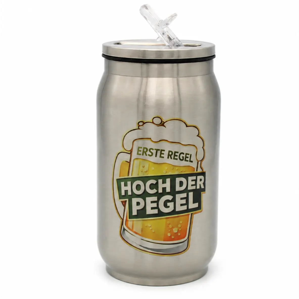 Thermodose Erste Regel: Hoch der Pegel 250 ml – doppelwandiges Edelstahl-Trinkgefäß mit Trinkhalm Aluminiumcan, Trinkbehälter, Bierlogo, Sichtbares Motiv, Abtrennbarer Deckel