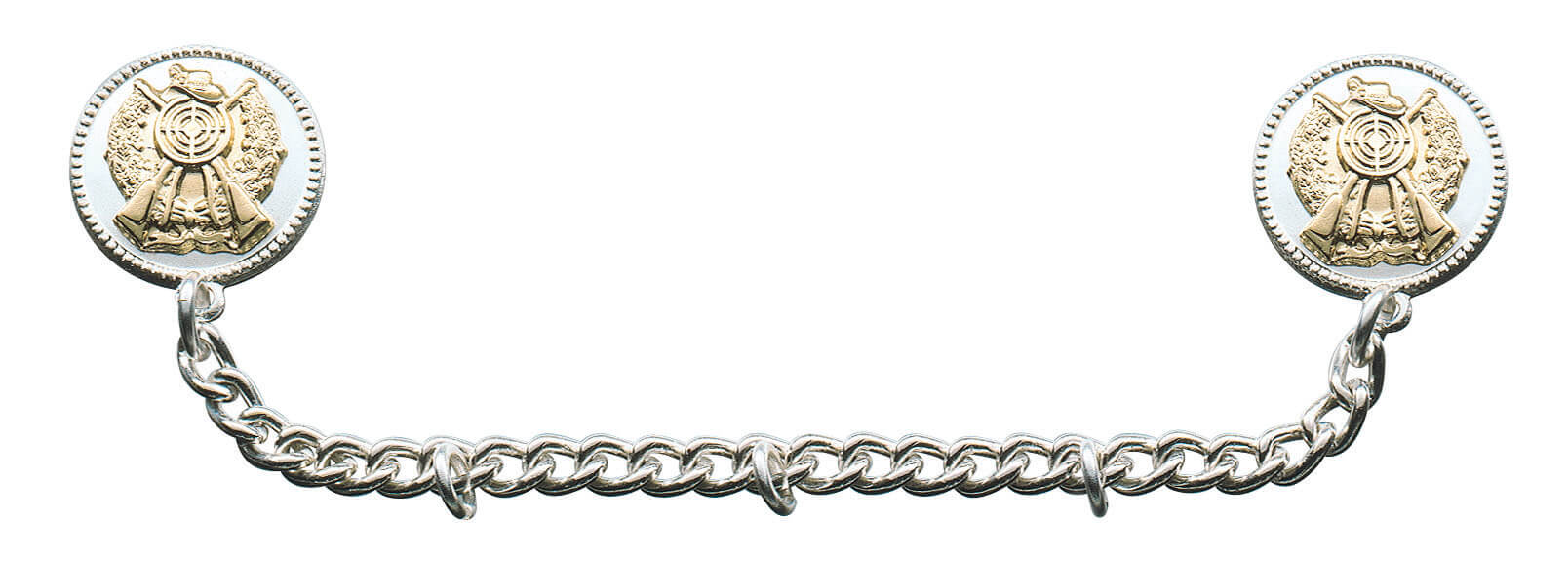 Kette mit Scharniernadel versilbert mit runden Endstücken und drei Aufhängeringen Versilberte Panzerkette mit Scharniernadel, ovalen Kettengliedern, drei Ringen zum Aufhängen und zwei runden Endstücken mit Eichenlaub, Zielscheibe und gekreuzten Gewehren
