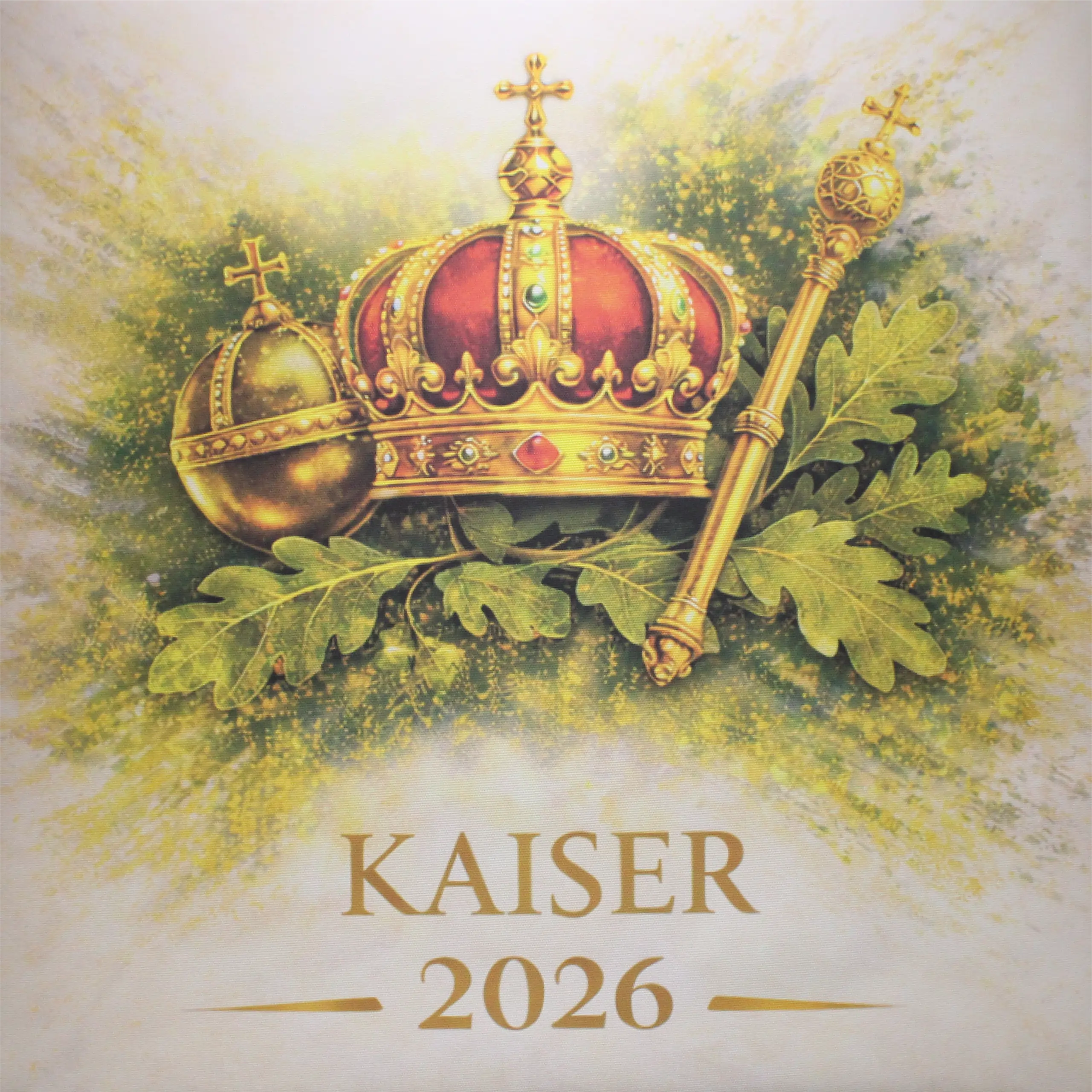 Leinwand Kaiser personalisierbar mit Krone, Reichsapfel und Zepter Personalisierbare Schützenkaiser Leinwand mit goldener Kaiserkrone, Reichsapfel, Zepter und Eichenlaub auf hellem Hintergrund, darunter der Schriftzug Kaiser und die Jahreszahl 2026