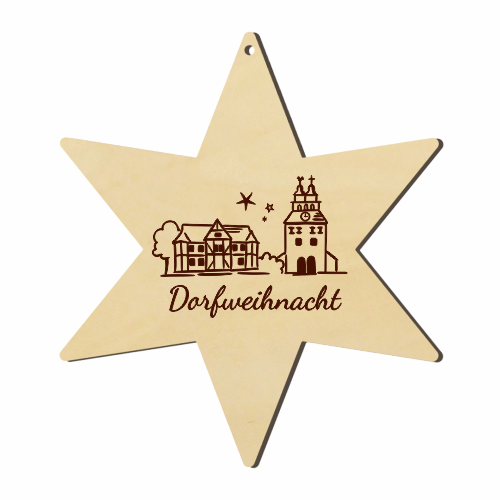 Hövelhof Dorfweihnacht Holzstern mit Gravur Sternförmiger Holzanhänger mit Bohrung und Gravur „Dorfweihnacht“, darüber ein Ortsmotiv mit Gebäuden und Kirchturm auf hellem Holz